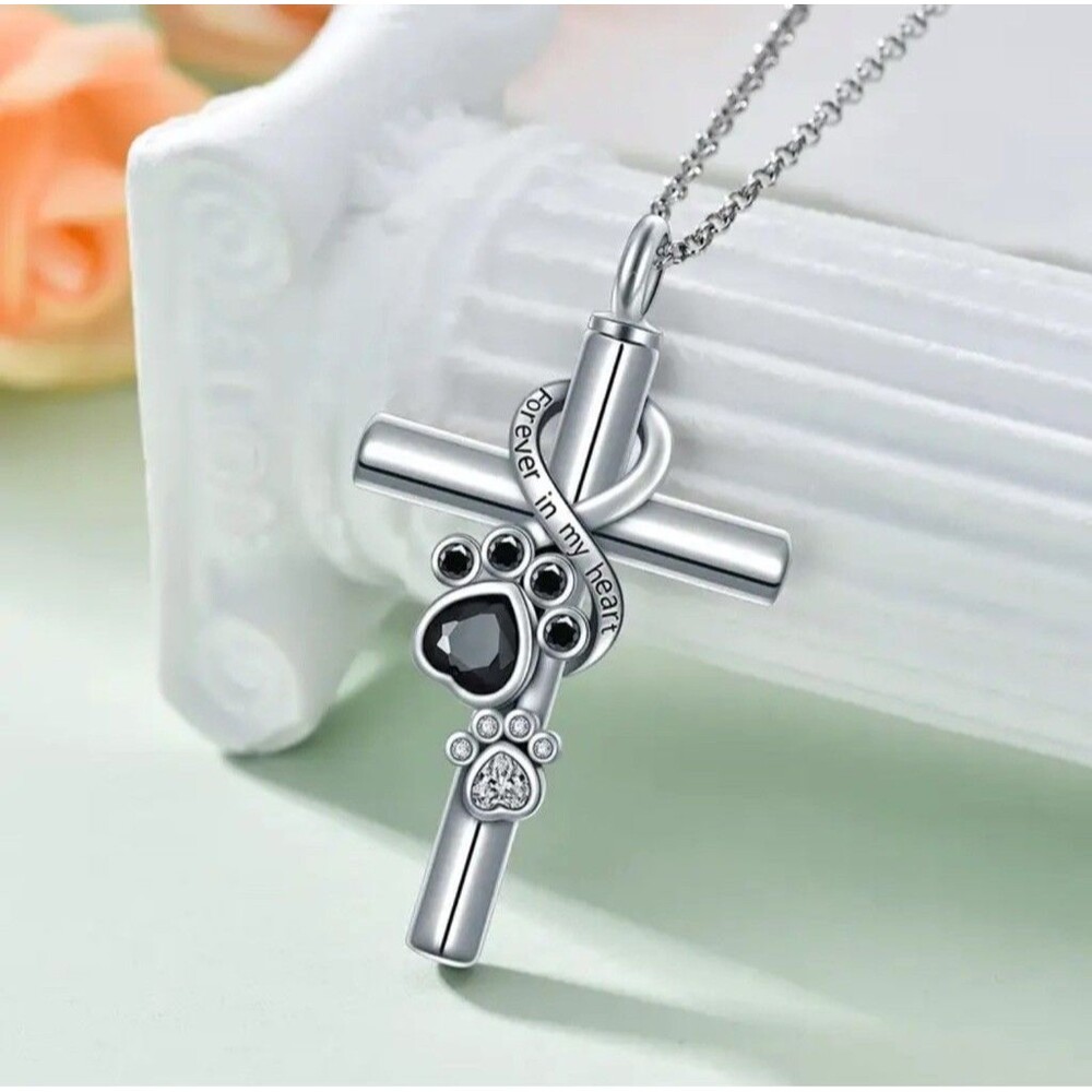 Pet Memorial Cross Necklace Paw Print Pendant